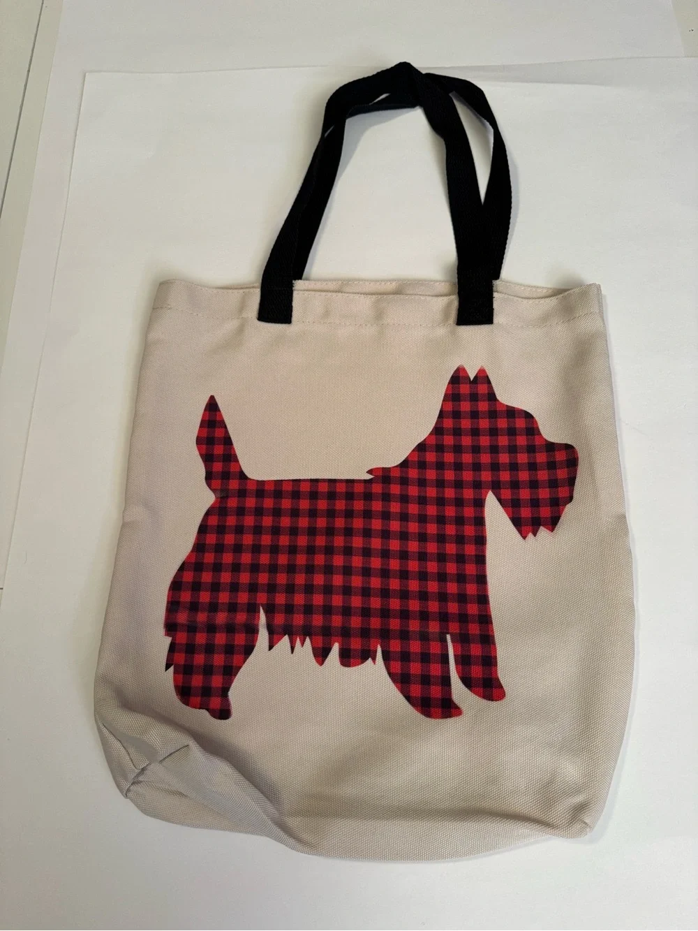 Scottish Terrier Canvas Dog Silhouette Tote Bag with Red Plaid Scottie